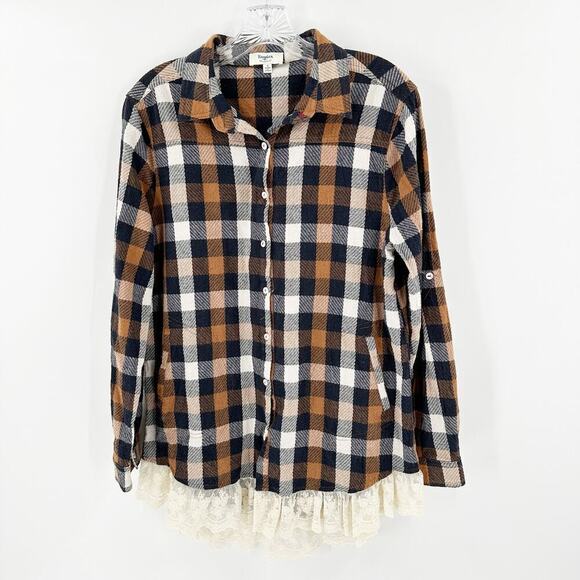 Hayden Brown Plaid Flannel Long Sleeve Lace Trim Button-Up Shirt Size Small - Picture 1 of 12